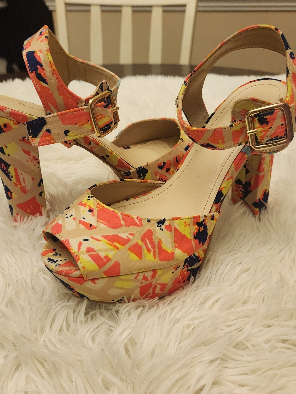 BAMBOO Coral, Yellow & Navy Abstract Platform Sandals